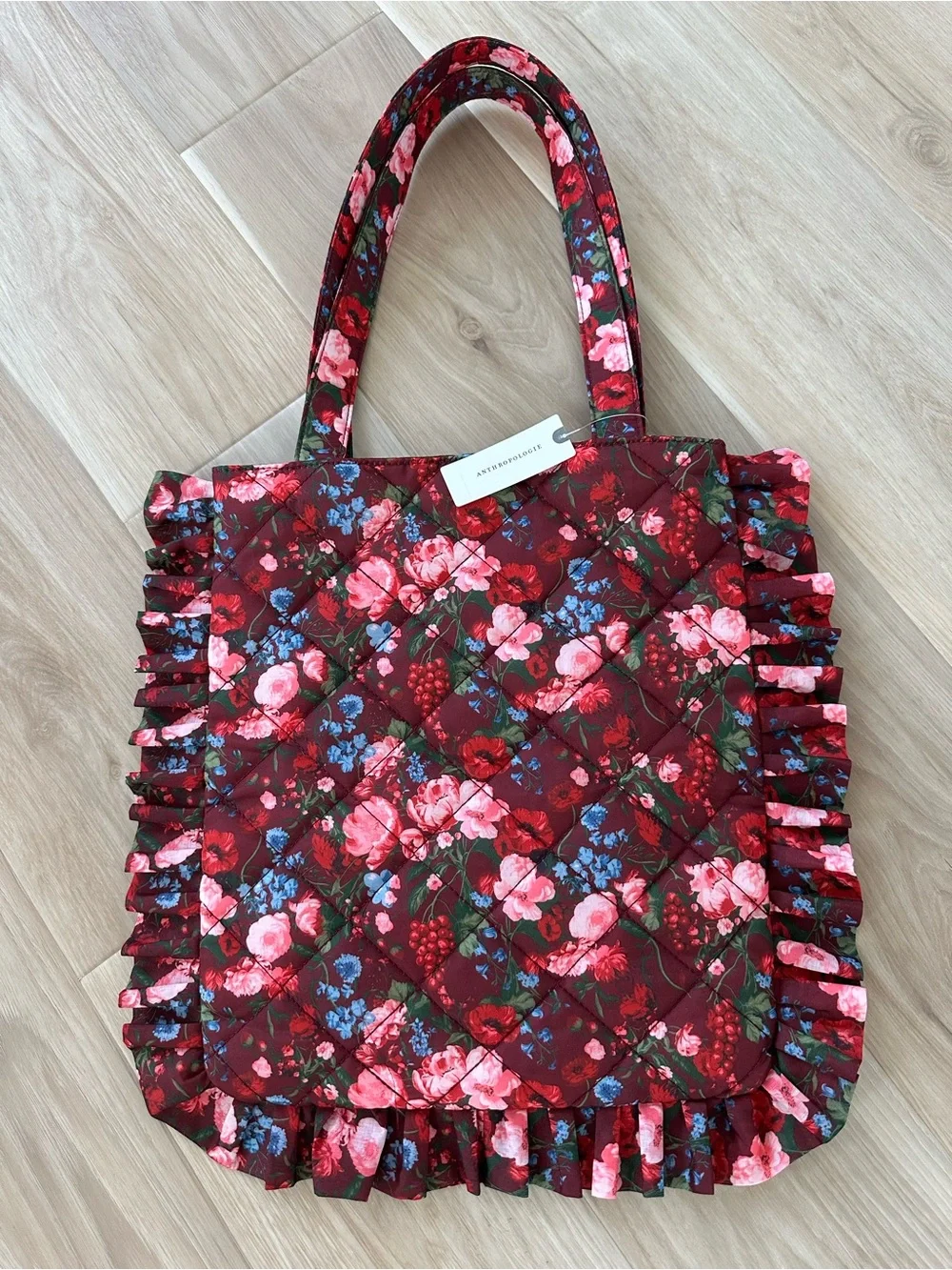 Anthropologie Floral Ruffle Tote Bag - Burgundy